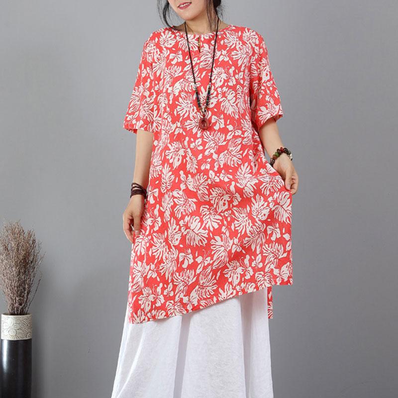 Elegant pure Cotton Blend tops plus size Printed Ethnic Cotton Blend Split Orange Red Tops