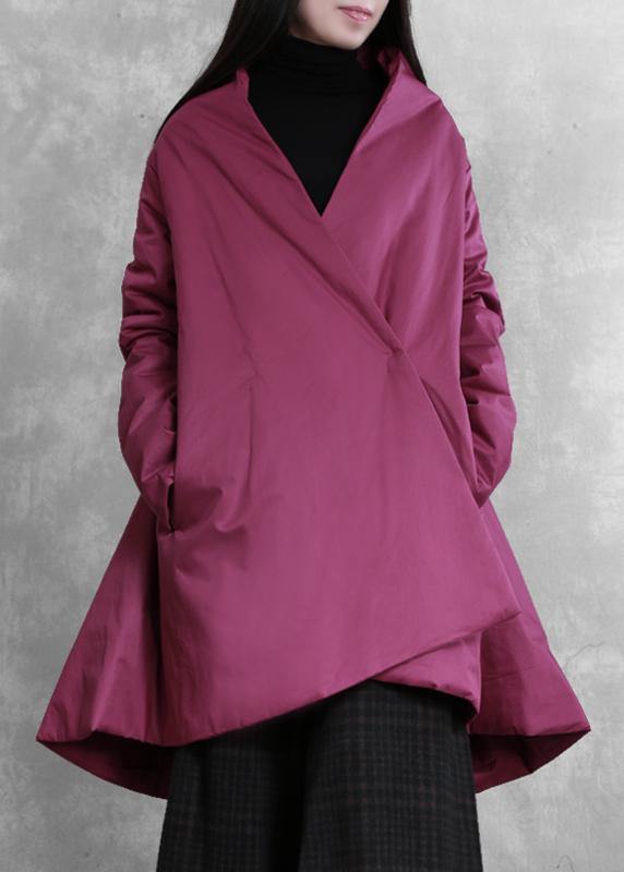 Elegant purple winter outwear casual snow v neck asymmetric coats