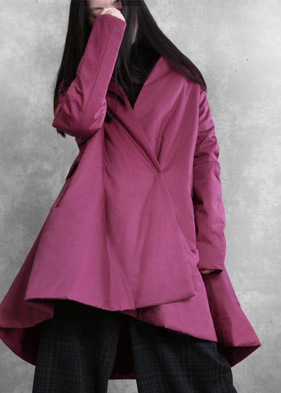 Elegant purple winter outwear casual snow v neck asymmetric coats