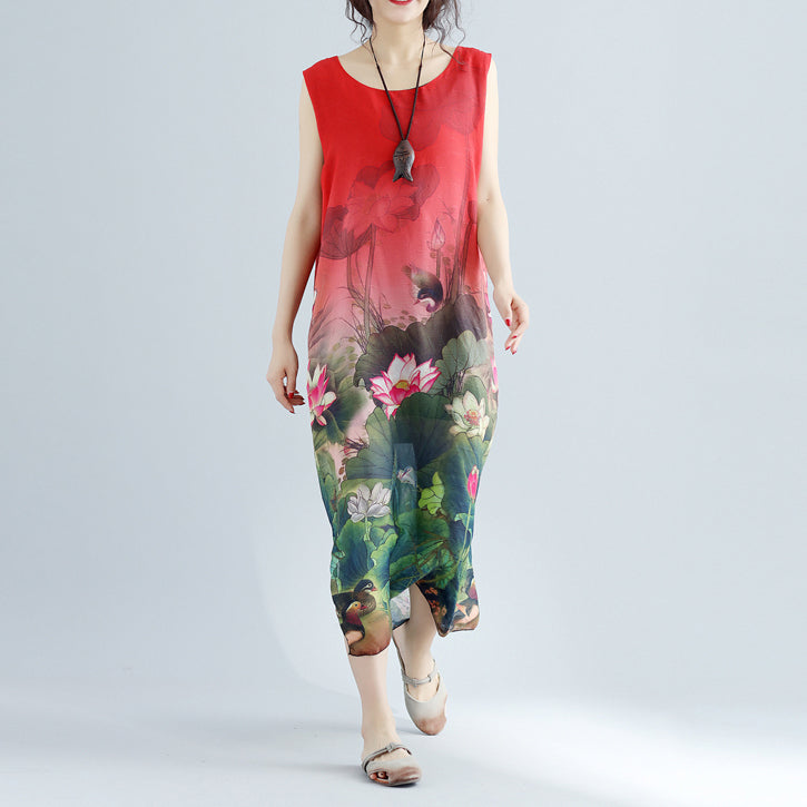 Elegant red floral cotton dress casual sleeveless long cotton dresses fine side open cotton dress