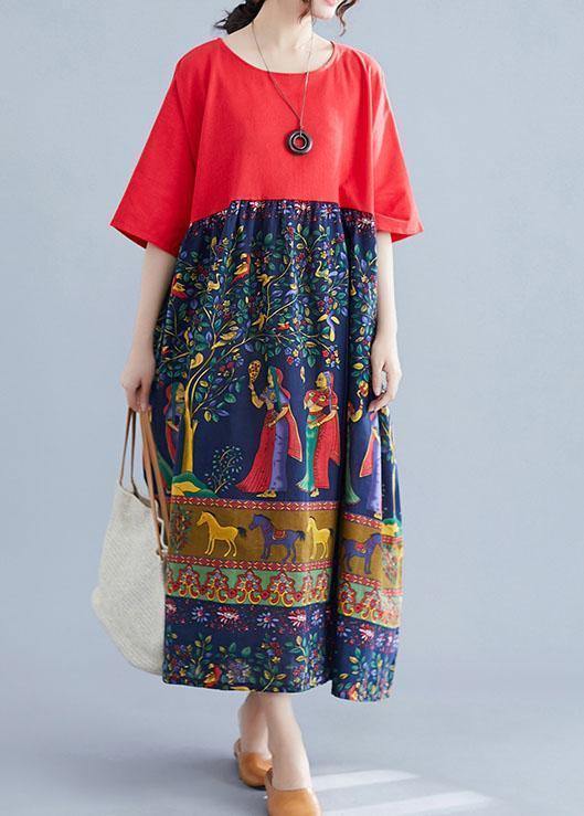 Elegant red patchwork print cotton clothes o neck Robe summer Dresses