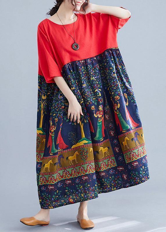 Elegant red patchwork print cotton clothes o neck Robe summer Dresses