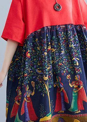 Elegant red patchwork print cotton clothes o neck Robe summer Dresses