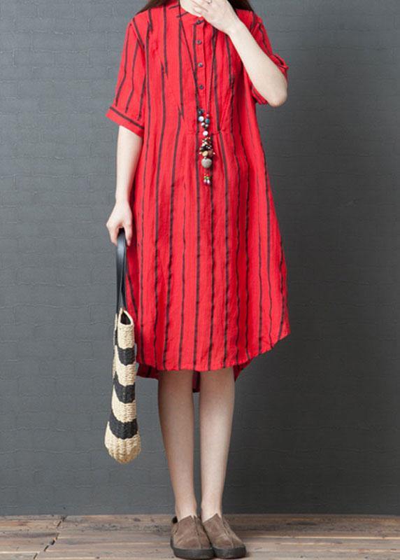 Elegant red striped cotton tunic dress stand collar loose summer Dresses