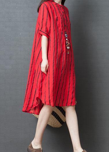 Elegant red striped cotton tunic dress stand collar loose summer Dresses