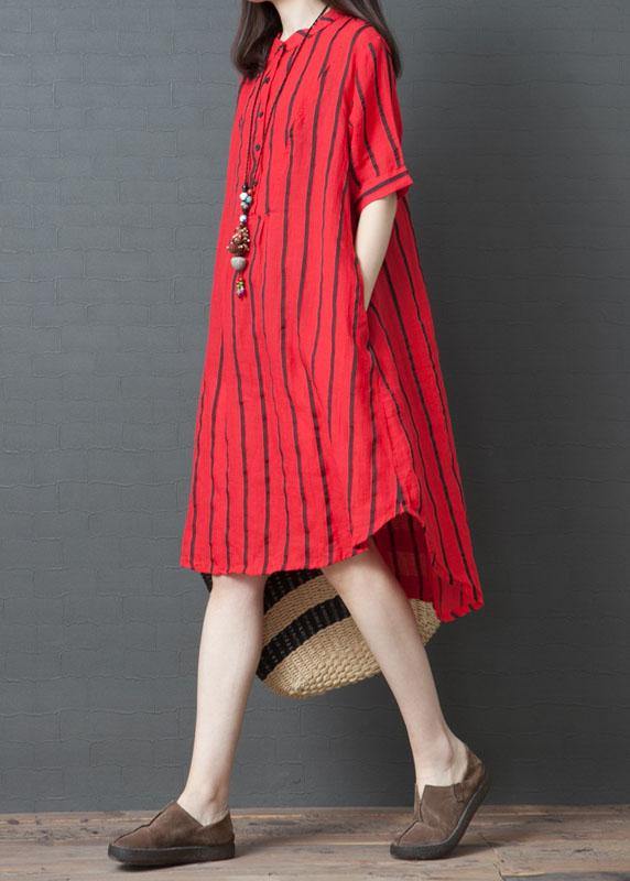 Elegant red striped cotton tunic dress stand collar loose summer Dresses