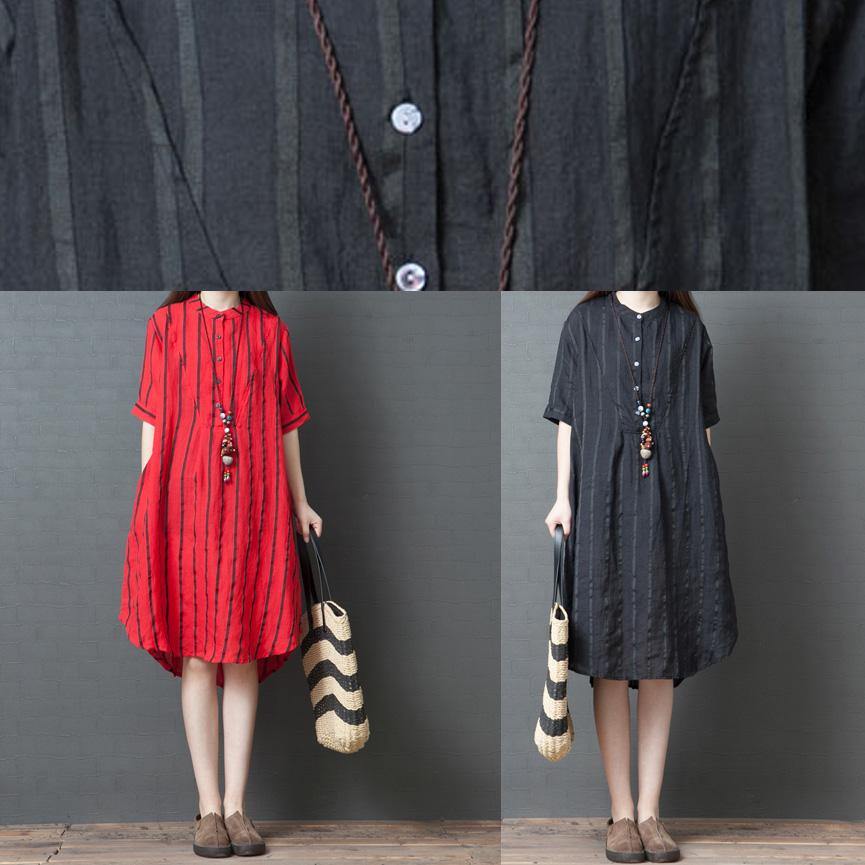 Elegant red striped cotton tunic dress stand collar loose summer Dresses