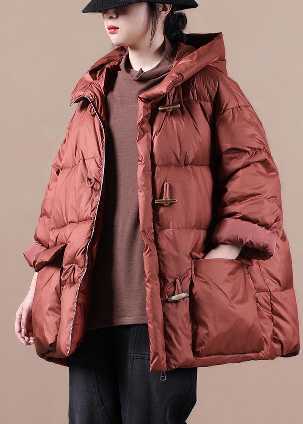 Elegant red warm winter coat Loose fitting womens parka hooded pockets Warm overcoat