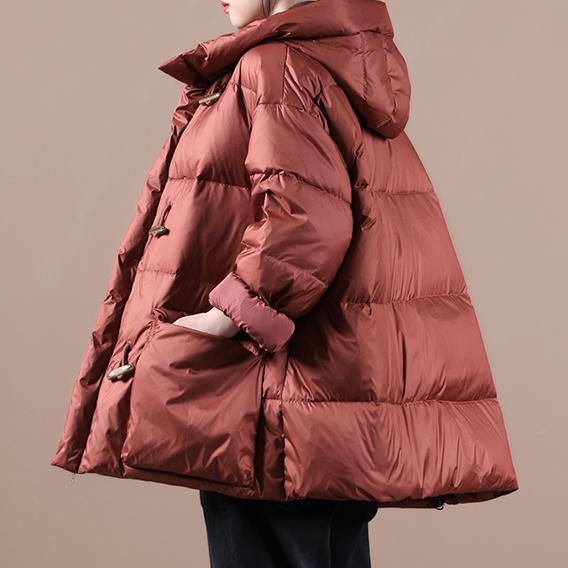 Elegant red warm winter coat Loose fitting womens parka hooded pockets Warm overcoat