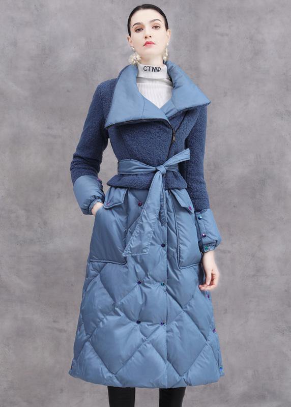 Elegant trendy plus size down jacket patchwork winter outwear blue tie waist warm winter coat