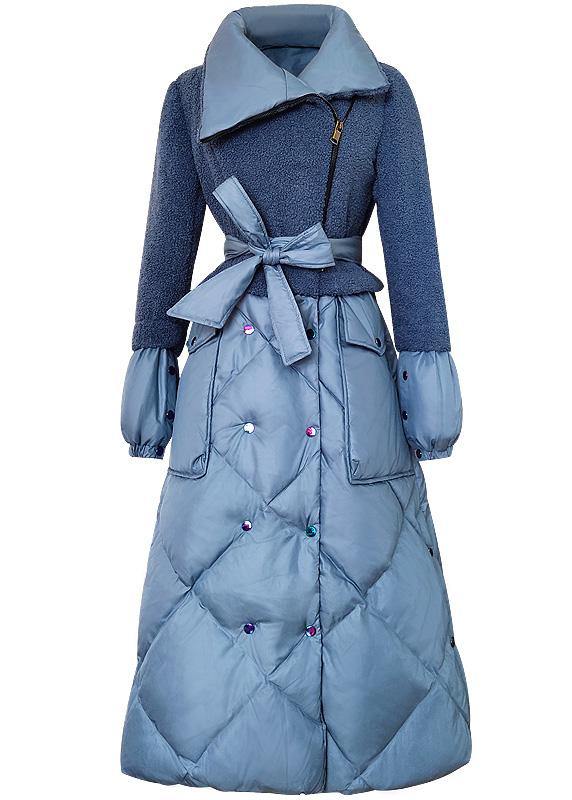 Elegant trendy plus size down jacket patchwork winter outwear blue tie waist warm winter coat