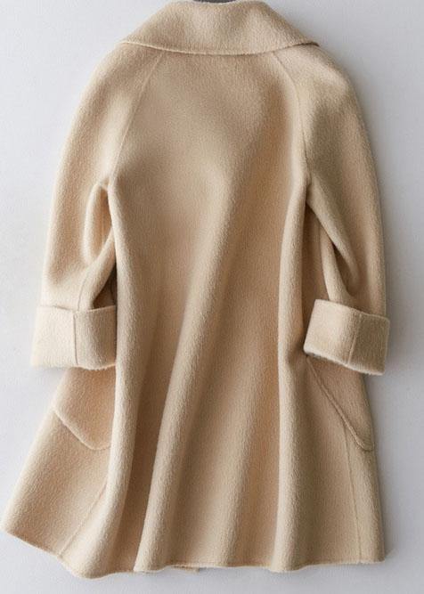 Elegant trendy plus size mid-length coats double breast jackets beige big pockets woolen coats