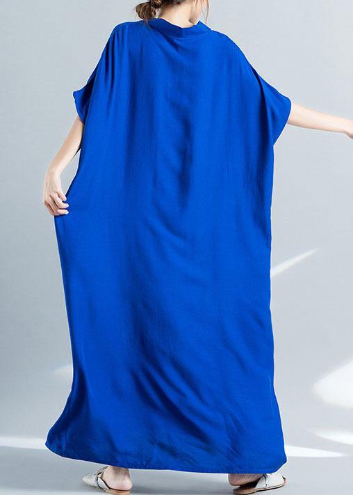 Elegant v neck baggy cotton summer clothes Women pattern blue loose Dress