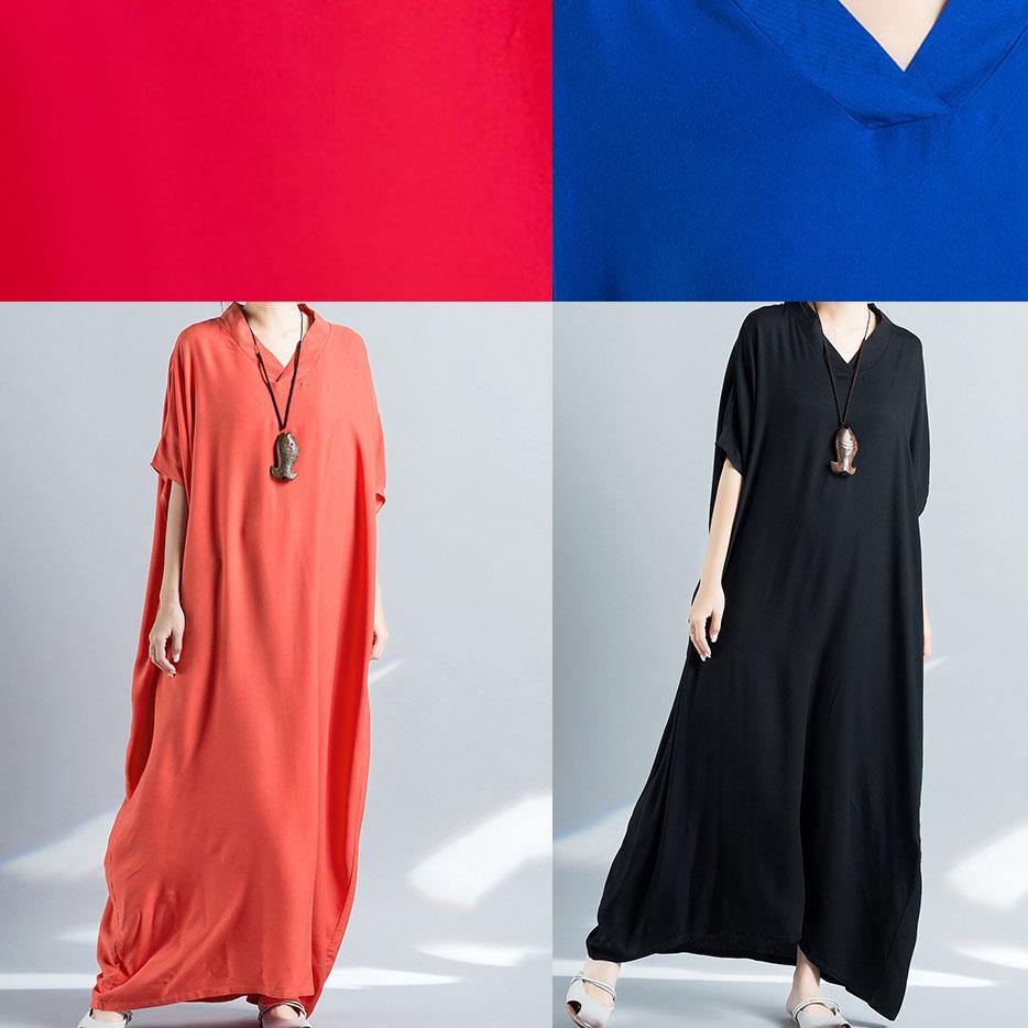 Elegant v neck baggy cotton summer clothes Women pattern blue loose Dress