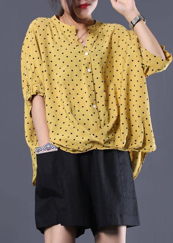 Elegant v neck cotton clothes For Women Shape yellow asymmetric dotted shirt summer