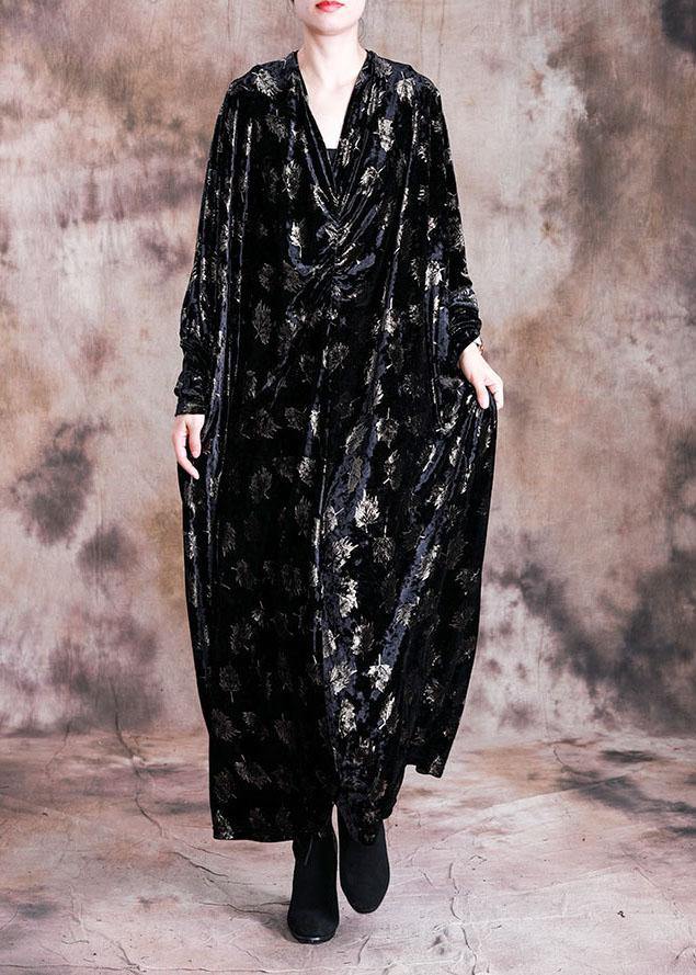 Elegant v neck velour Tunic Work Outfits black prints long Dresses fall