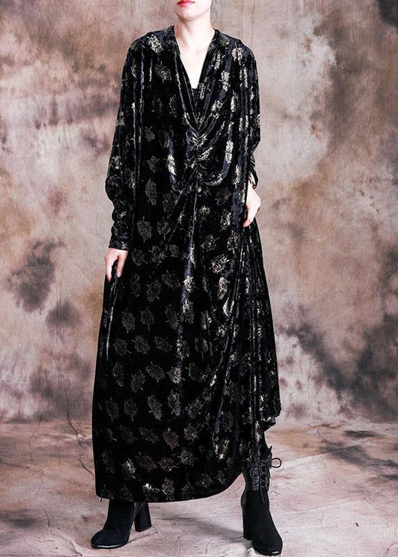 Elegant v neck velour Tunic Work Outfits black prints long Dresses fall