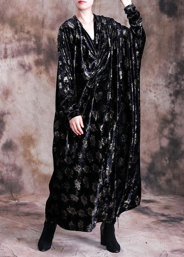 Elegant v neck velour Tunic Work Outfits black prints long Dresses fall