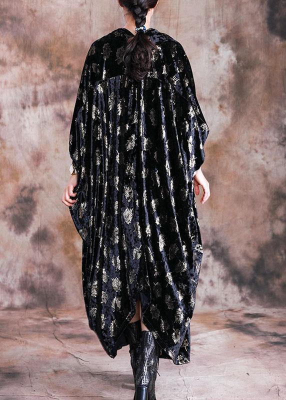 Elegant v neck velour Tunic Work Outfits black prints long Dresses fall