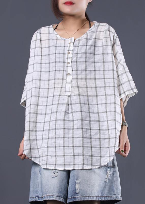 Elegant white plaid linen Tunic Cotton o neck summer shirt