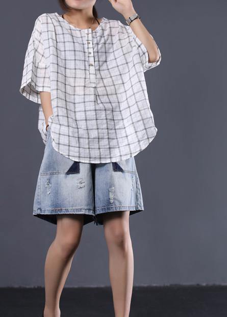 Elegant white plaid linen Tunic Cotton o neck summer shirt