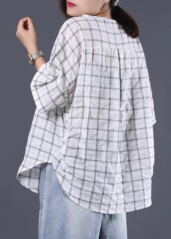 Elegant white plaid linen Tunic Cotton o neck summer shirt