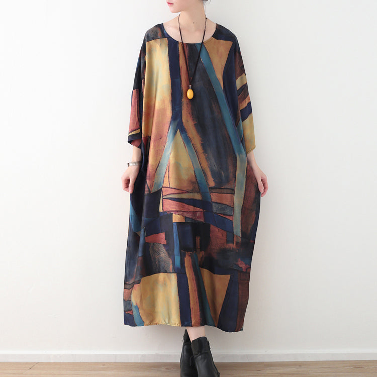 Elegant yellow blue prints chiffon maxi dress Loose fitting o neck chiffon maxi dress women half sleeve caftans