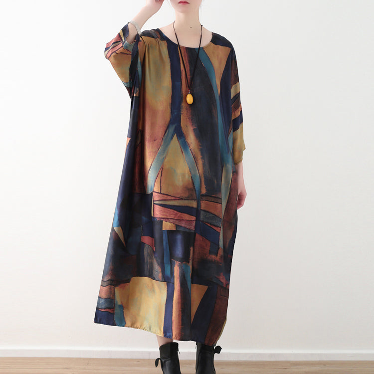 Elegant yellow blue prints chiffon maxi dress Loose fitting o neck chiffon maxi dress women half sleeve caftans