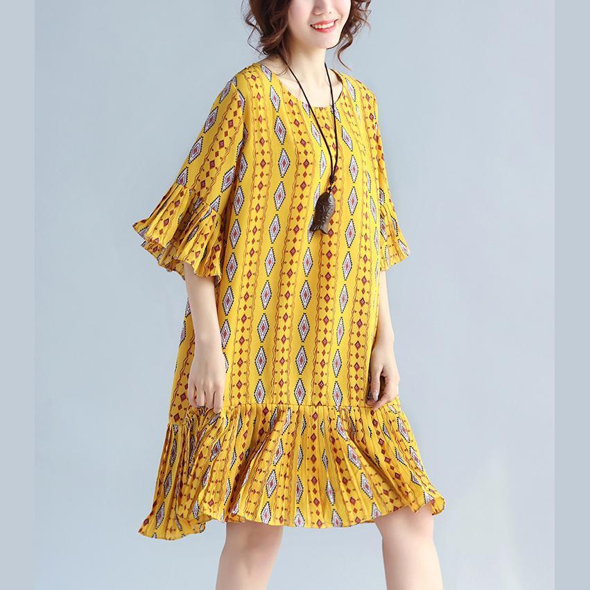 Elegant yellow prints chiffon shift dresses oversized chiffon clothing dresses women ruffles hem ruffles sleeve dress