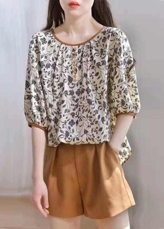 Elegant Khaki Chiffon O-Neck Casual Print Fall Half Sleeve Top