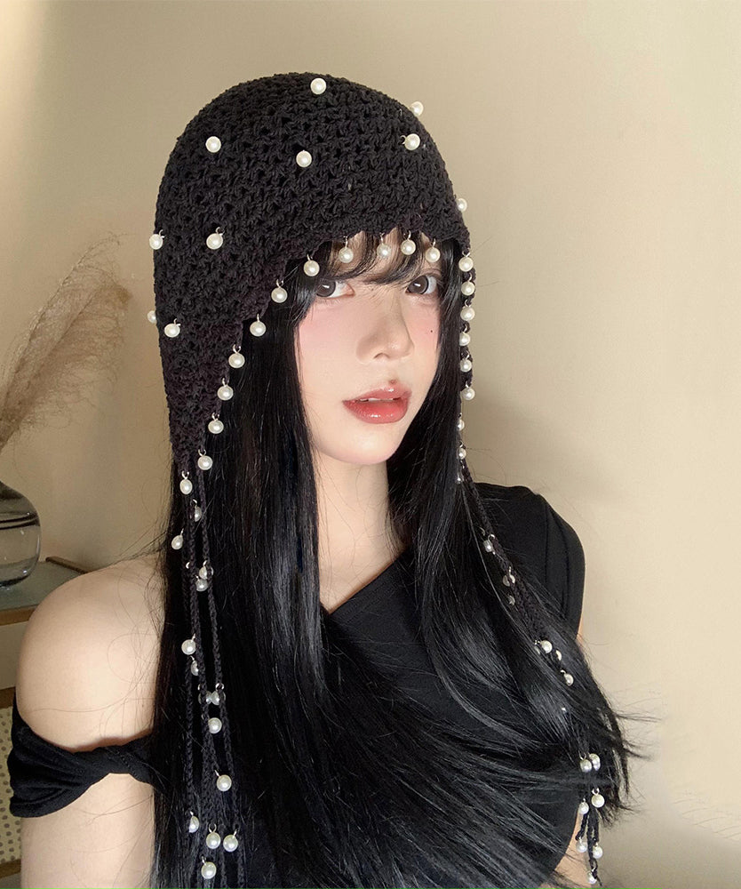 Ethnic Style Hollow Out Pearl Tassel Knitted Boonie Hat