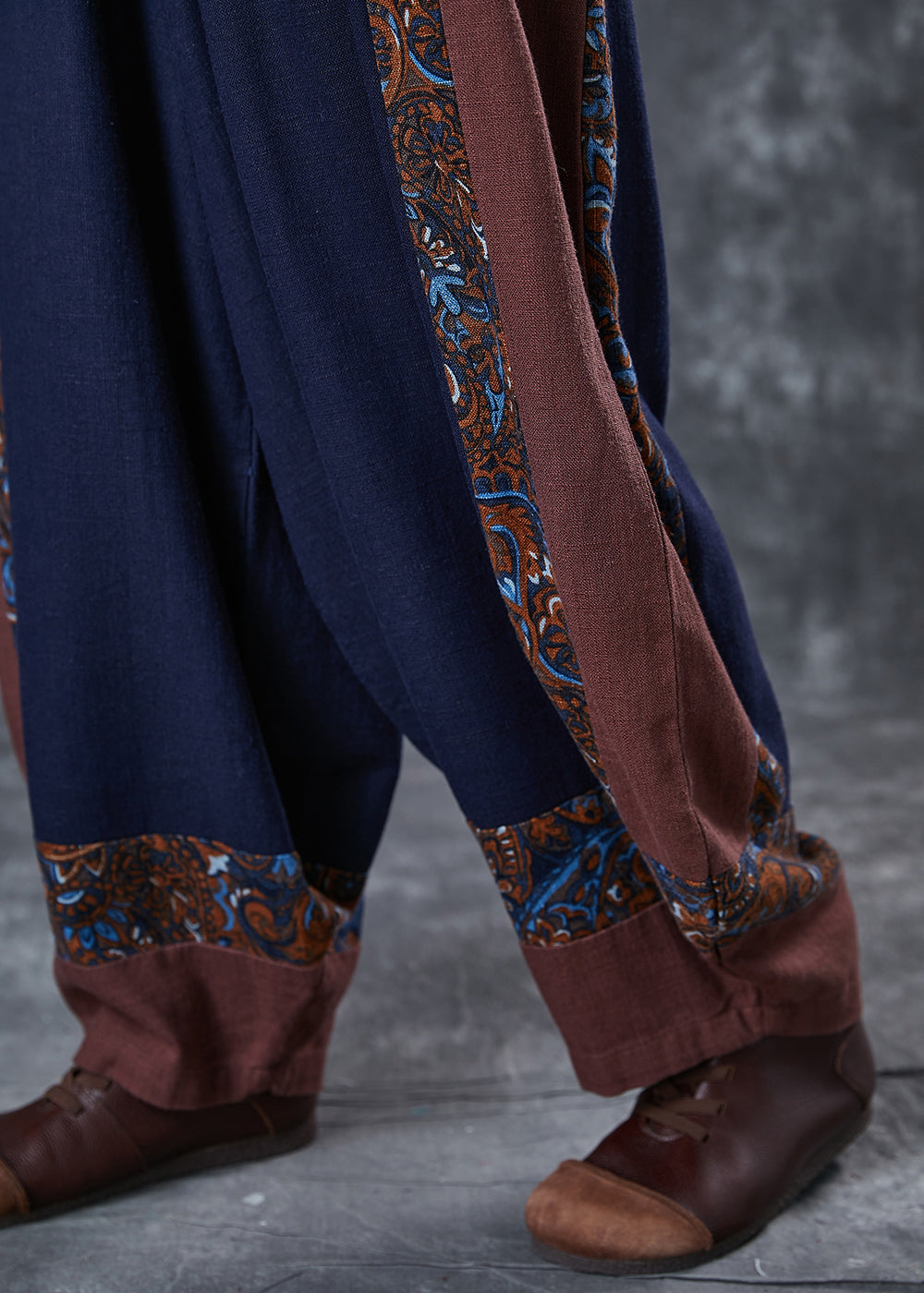 Ethnic Style Navy Oversized Patchwork Cotton Pants Summer