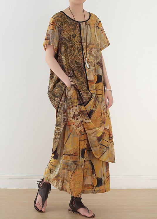 Ethnic Yellow Printed Women Mid Length + Loose Wide Leg Pants Suit