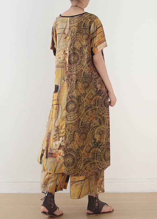 Ethnic Yellow Printed Women Mid Length + Loose Wide Leg Pants Suit