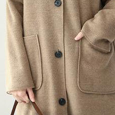 Fashion 2018 Khaki Simple Hoodie Medium Length Woolen Coat For Women