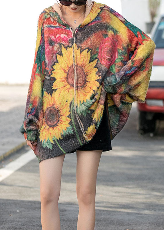 Fashion Bat Wing Sleeve Hooded Print Zippered Fall Knit Coat