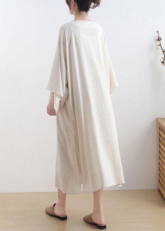 Fashion Beige O-Neck Button Maxi Dresses Fall Cotton Dress