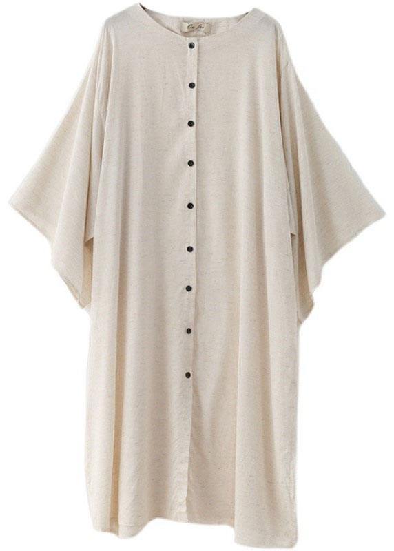 Fashion Beige O-Neck Button Maxi Dresses Fall Cotton Dress