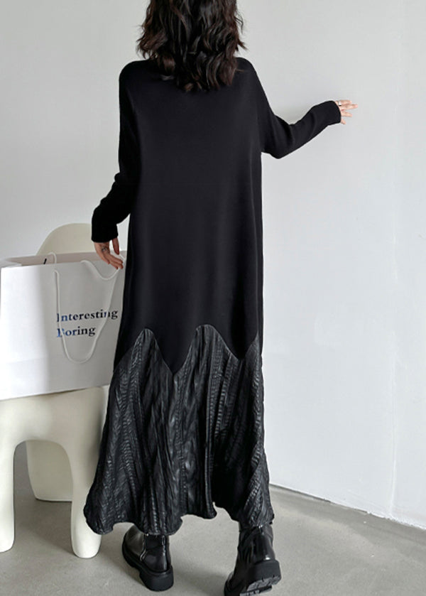 Fashion Black High Neck Patchwork Knit Long Dresses Spring