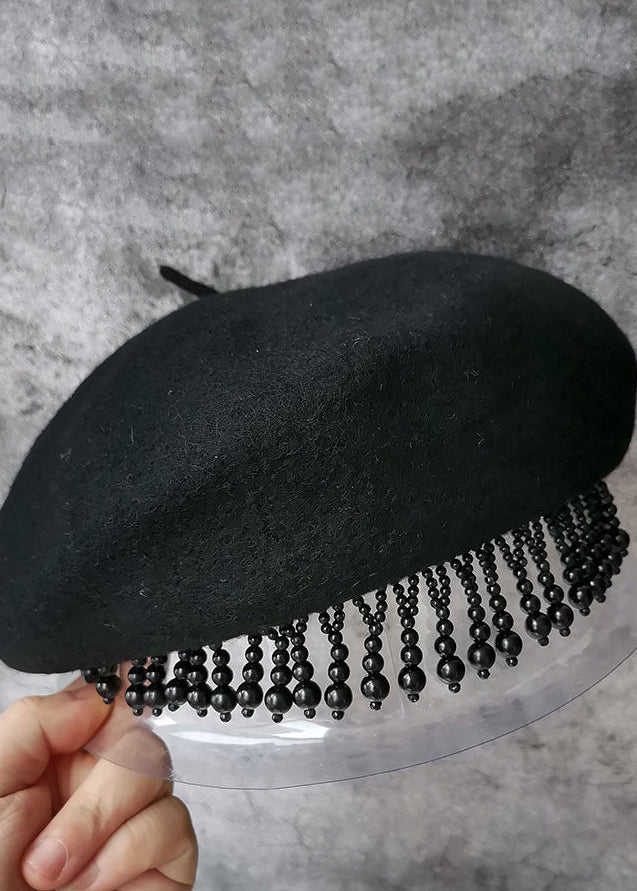 Fashion Black Nail Bead Tasseled Woolen Beret Hat