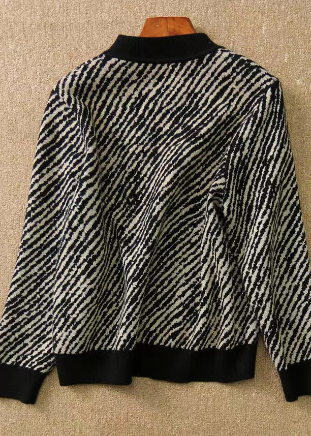 Fashion Black O-Neck Zippered Striped Knit Coat Long Sleeve