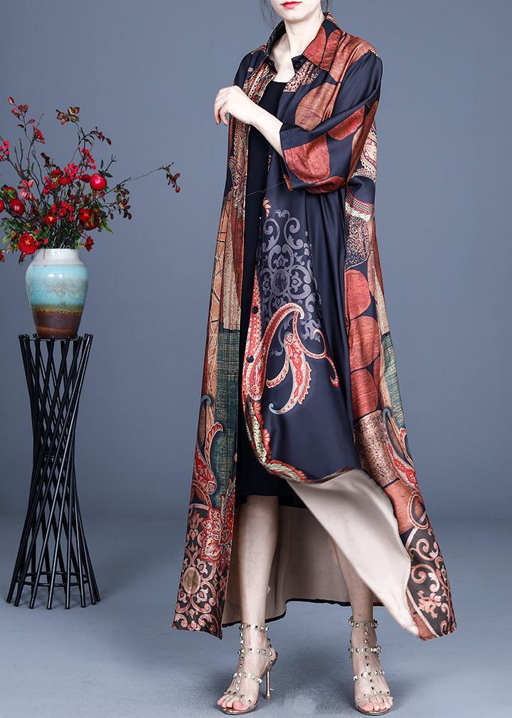 Fashion Black Print Summer Silk Peter Pan Collar Cardigan Long