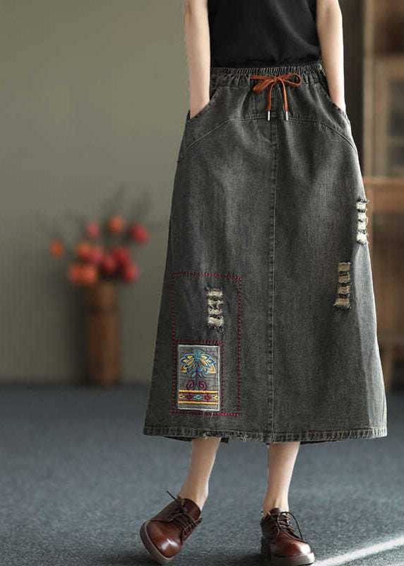 Fashion Black Side Open Embroideried Pockets Cotton Denim Ripped Skirt Summer