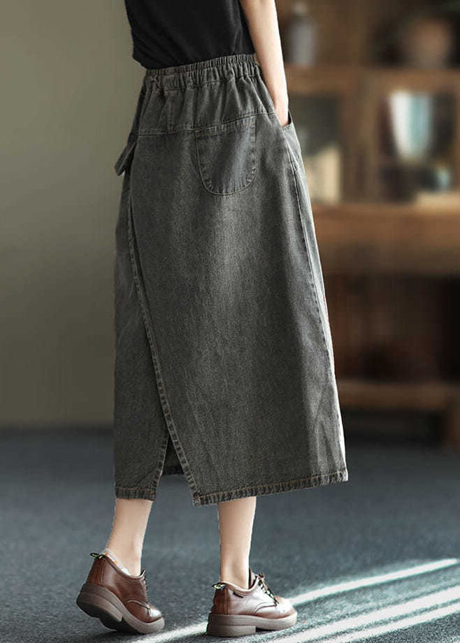 Fashion Black Side Open Embroideried Pockets Cotton Denim Ripped Skirt Summer