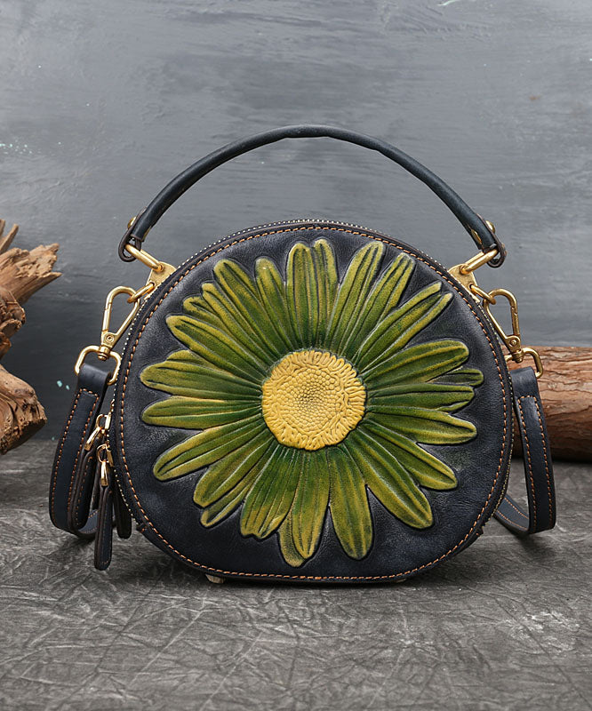 Fashion Black The Sunflowers Jacquard Calf Leather Messenger Bag