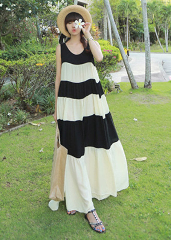 Fashion Black White Patchwork O-Neck Tie Waist Chiffon Long Dress Sleeveless