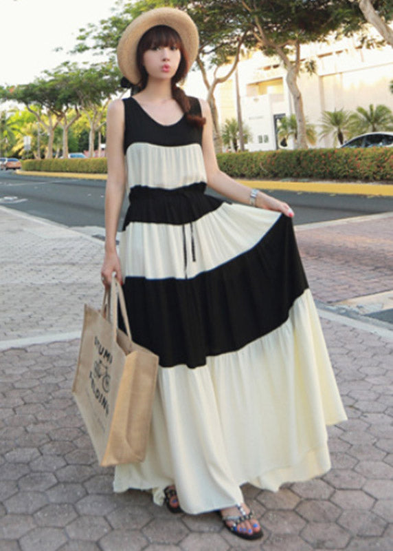 Fashion Black White Patchwork O-Neck Tie Waist Chiffon Long Dress Sleeveless