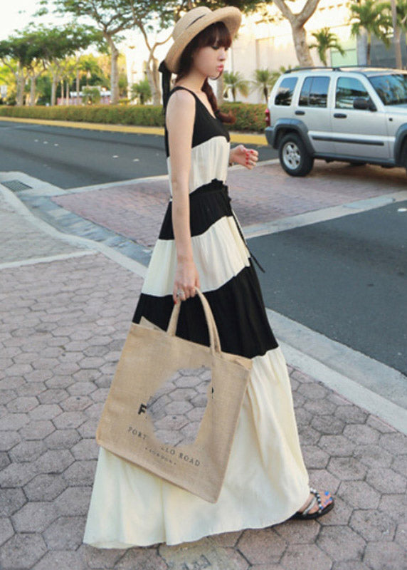 Fashion Black White Patchwork O-Neck Tie Waist Chiffon Long Dress Sleeveless