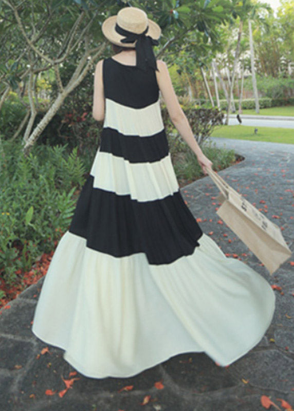 Fashion Black White Patchwork O-Neck Tie Waist Chiffon Long Dress Sleeveless