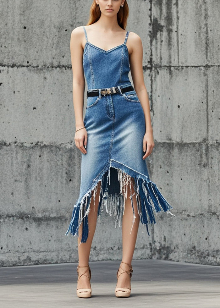 Fashion Blue Asymmetrical Tasseled Denim Skirts Summer